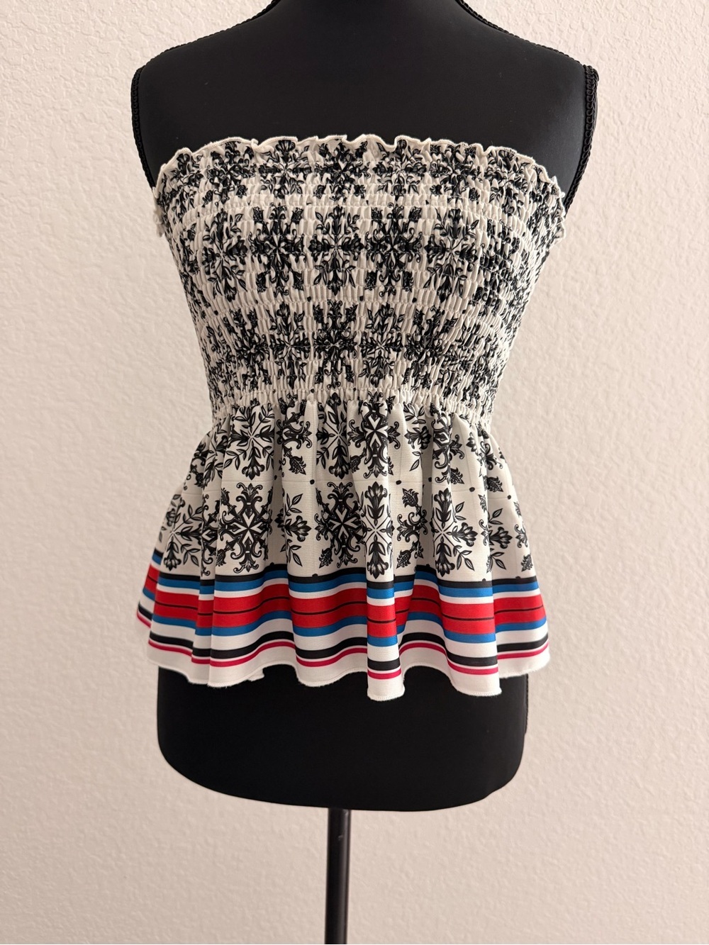 Zara Floral Smocked Strapless Tube Top Black White Print W/ Red Blue Stripe Hem